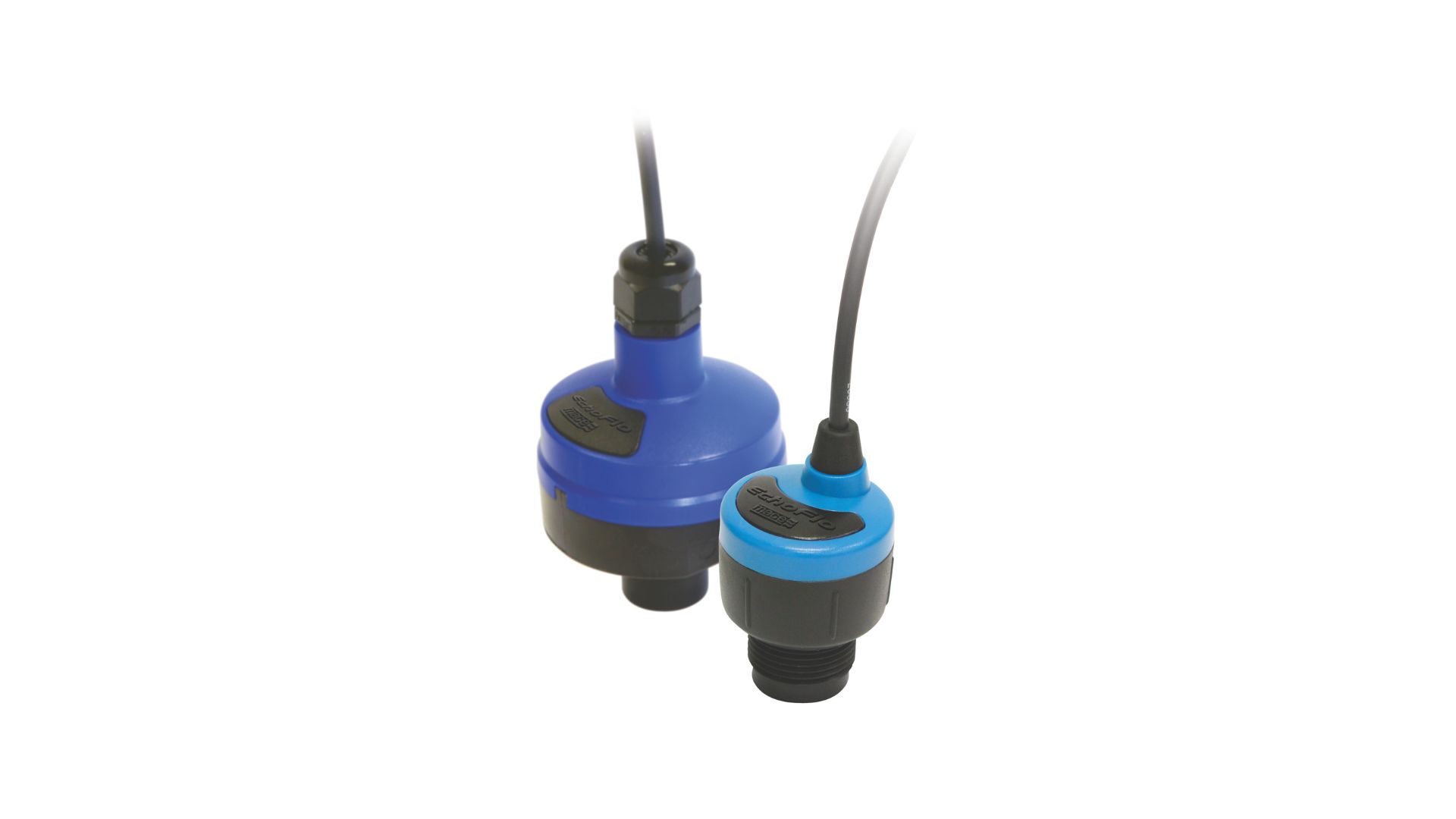 A pair of water monitoring sensors that are blue and baby blue.