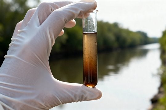 Hand holding a test tube sample of dirty lake water