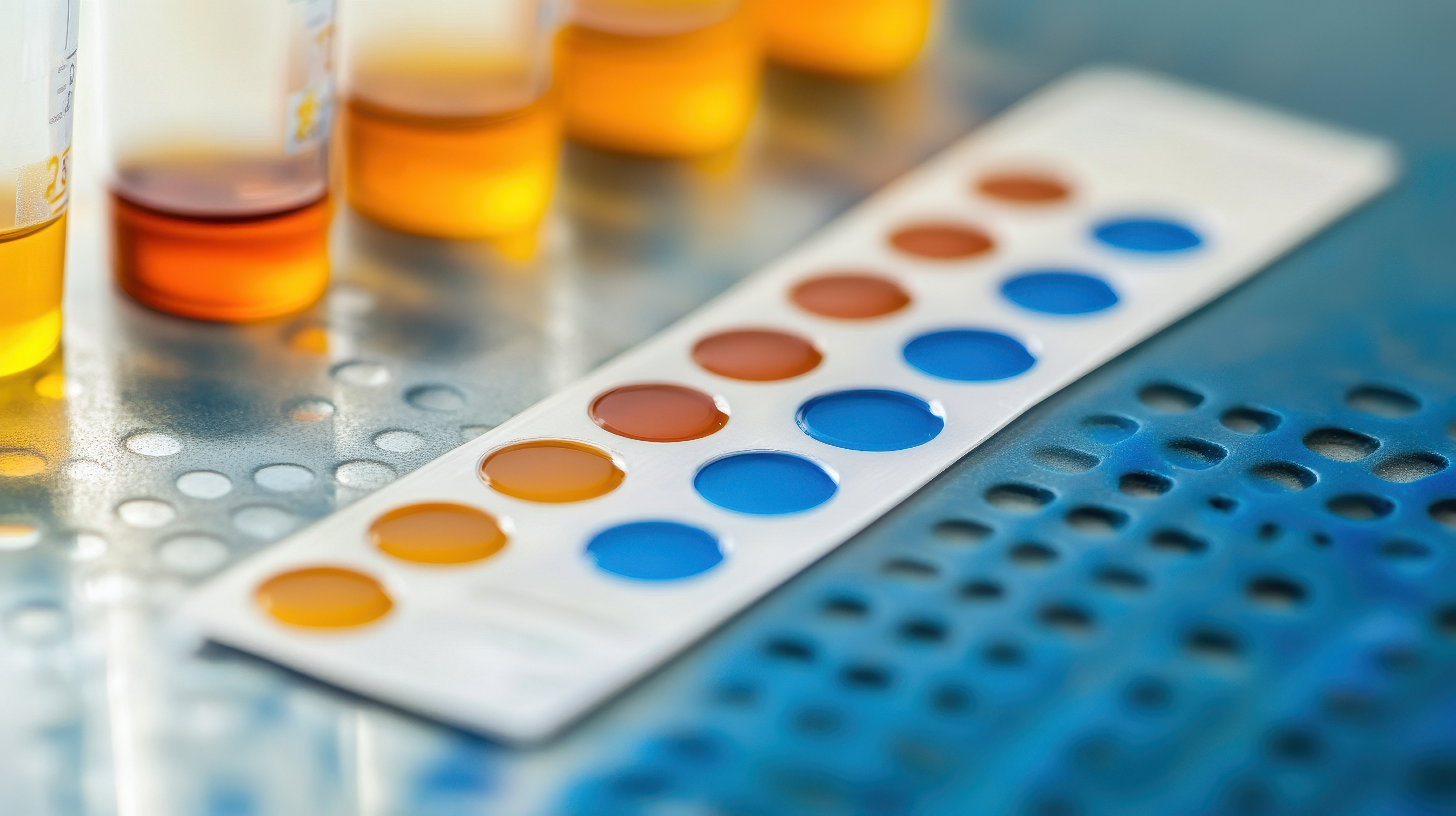 Close-up of a pH indicator strip with color reactions next to test tubes, useful for chemical analysis
