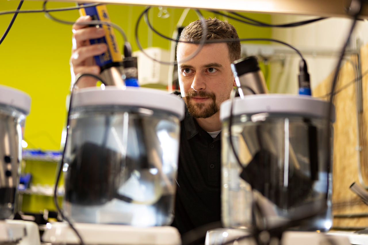 service tech behind shelf