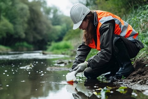 Woman dipping sample tube in the water